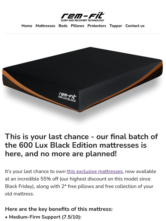 Final call - 600 Lux Black Edition mattress now at an unbeatable 55% off!