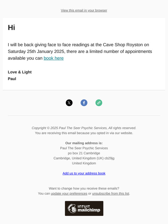 Cave Shop Royston on Sat 25th January 2025 Face to Face Readings