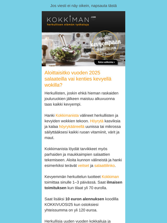 Aloita uusi vuosi syömällä kevyemmin. Meiltä tarvikkeet salaatteihin, vihannesruokiin ja wokkeihin.