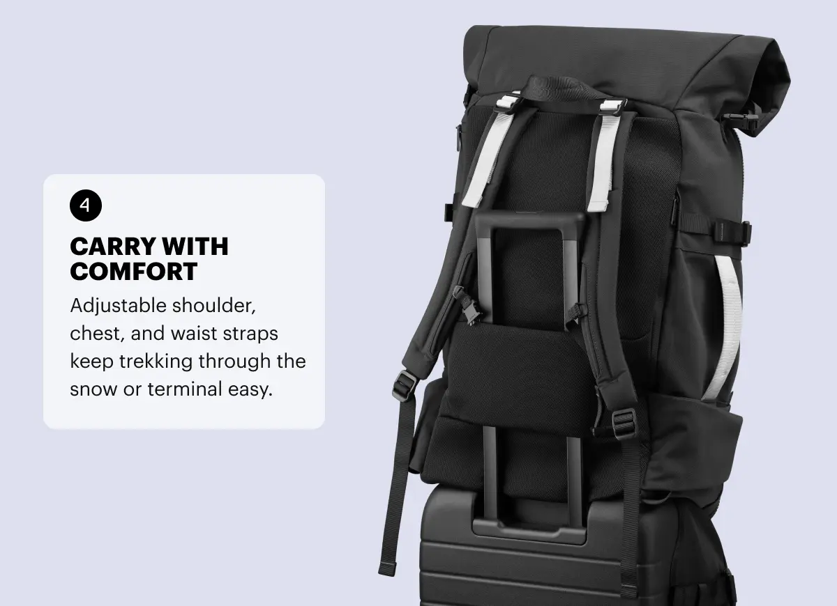 Carry-on with comfort. Adjustable shoulder, chest, and waist straps keep trekking through the snow or terminal easy.