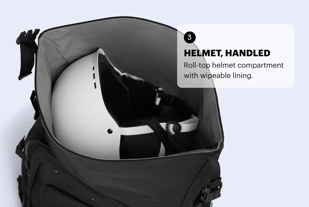 Helmet, handled. Roll-top helmet compartment with wipeable lining.