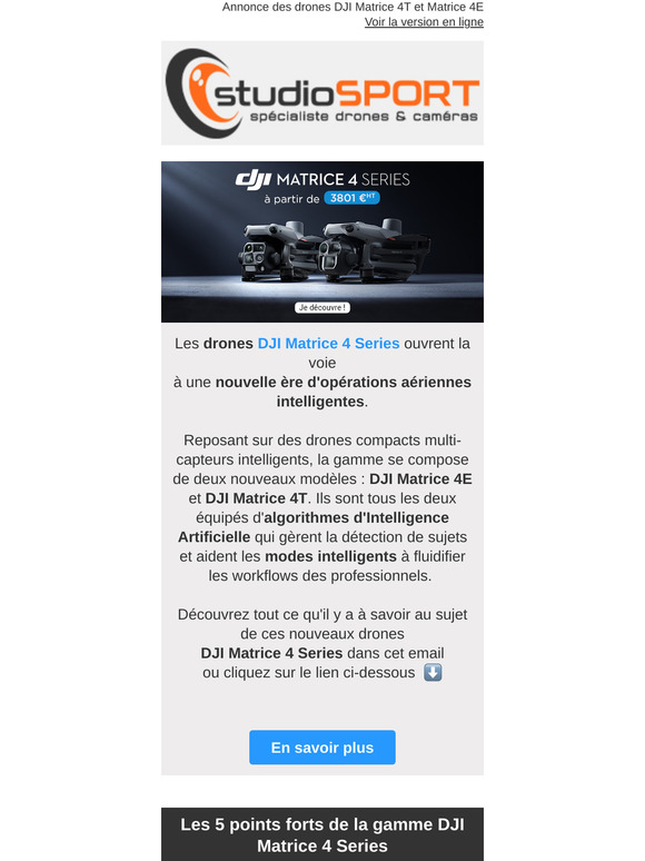DJI MATRICE 4 SERIES 🆕 Découvrez les Matrice 4E et Matrice 4T sur studioSPORT.fr