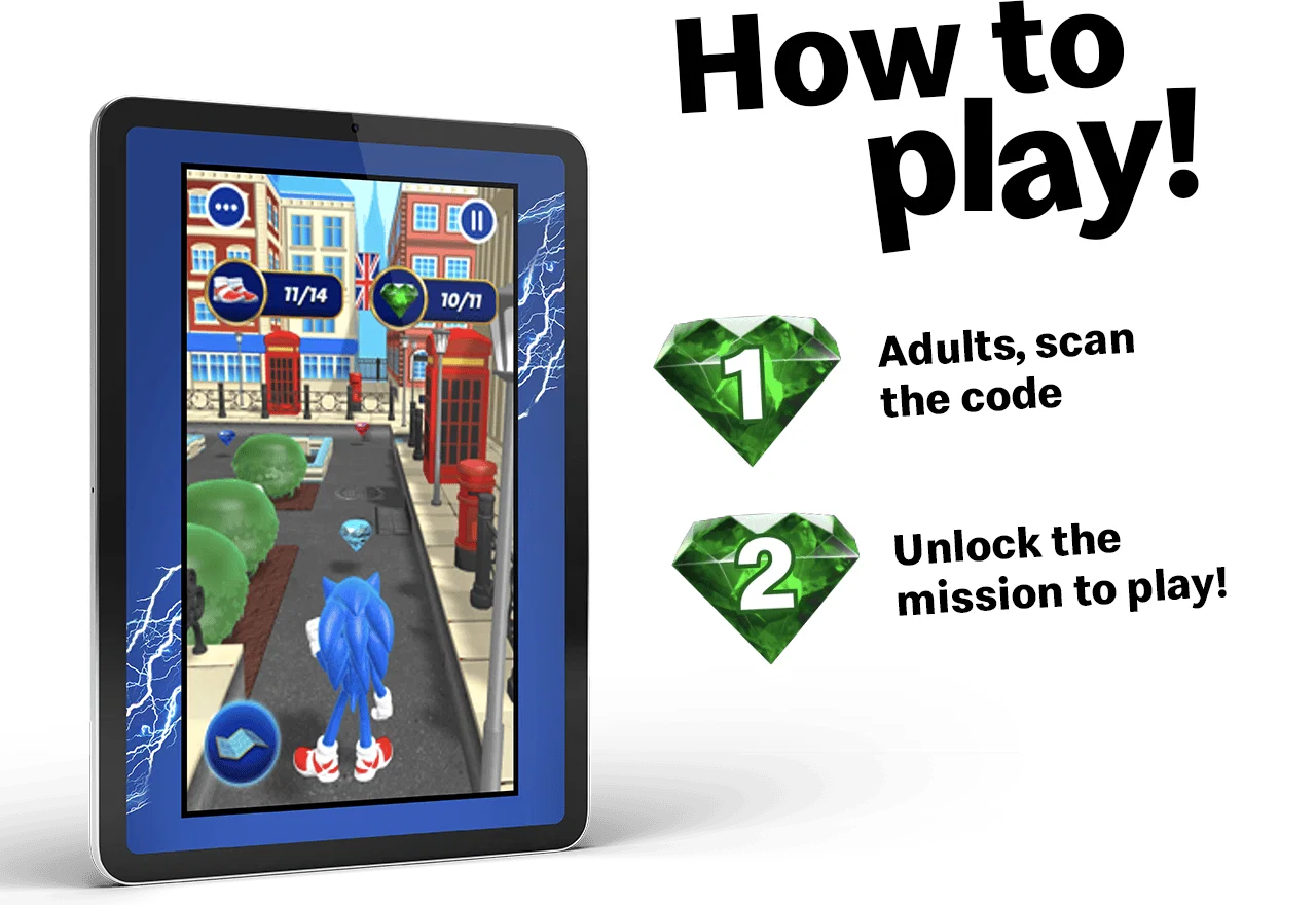 How to play! 1- Adults, scan the code | 2- Unlock the mission to play!