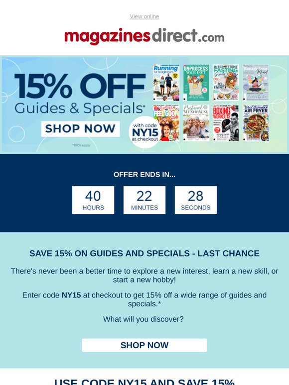 15% off guides & specials with code NY15