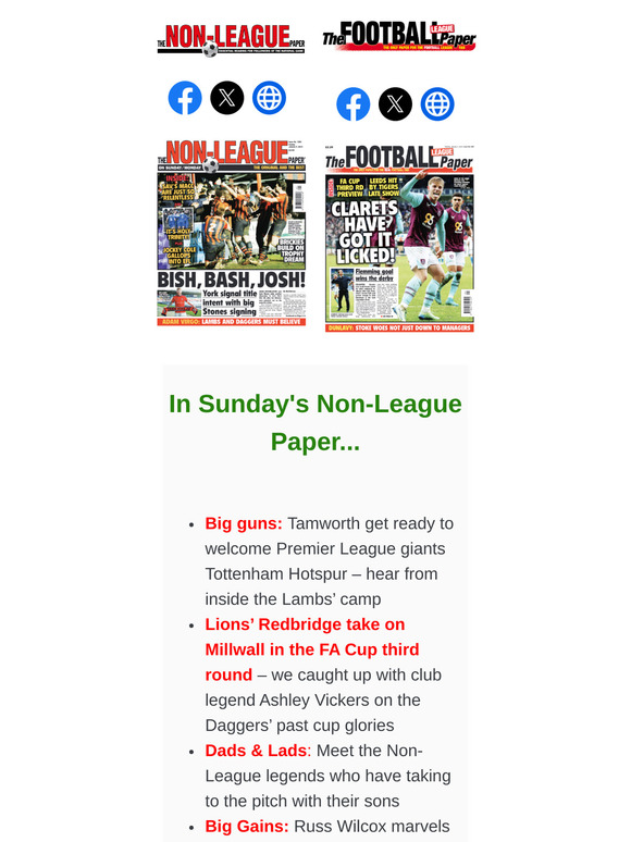 IN SUNDAY'S PAPERS > FA CUP ACTION // NLP: DADS & LADS / TAMWORTH vs SPURS // FLP: MIND GAMES / BACK IN BUSINESS