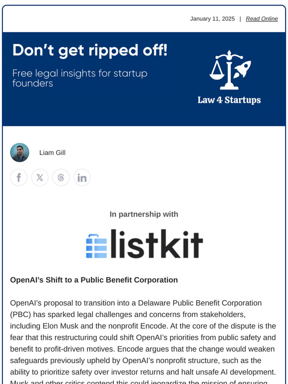 ⚖️ OpenAI Pushback on Public Benefit Corp Status