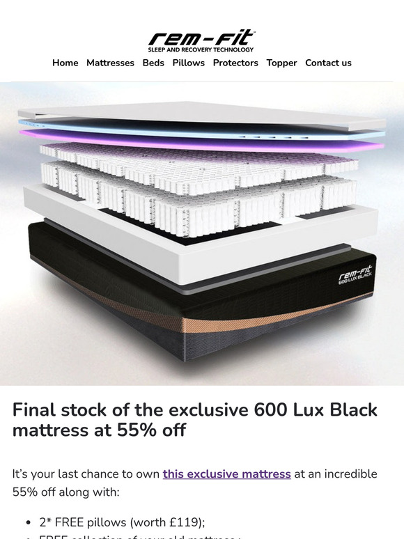 Final stock of the exclusive 600 Lux Black mattress at 55% off