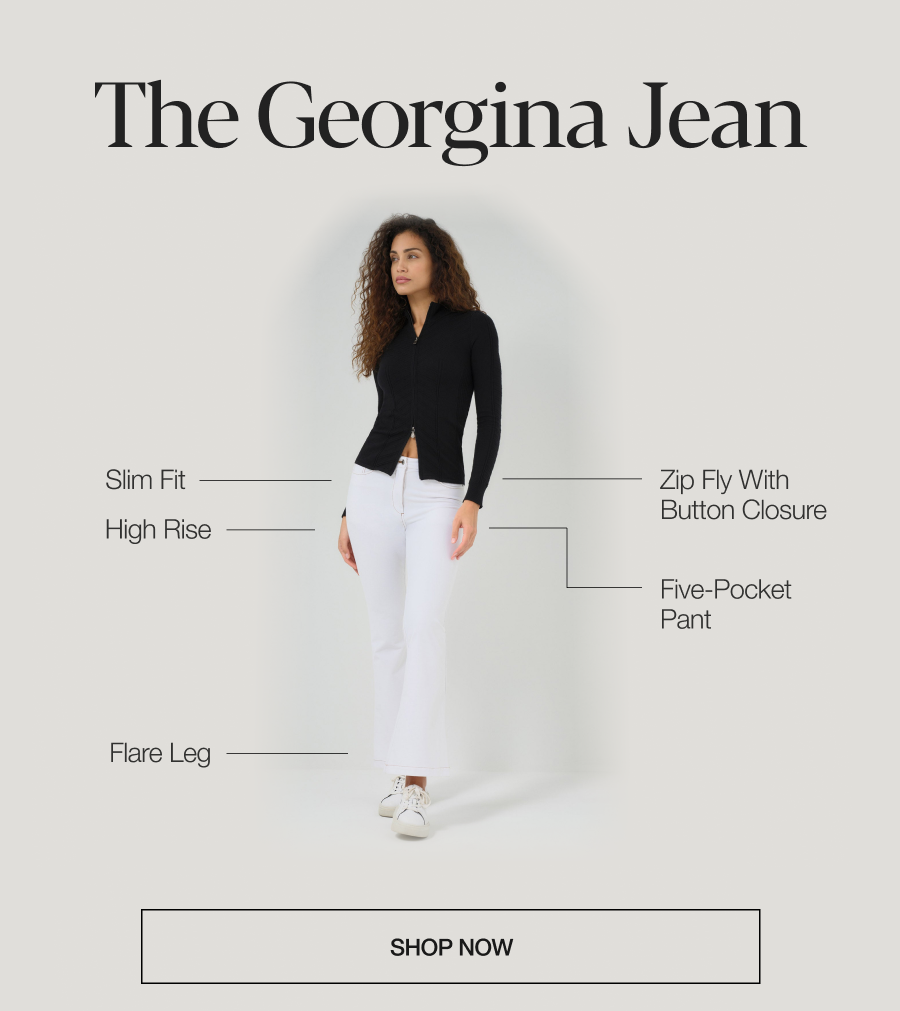 slim fit, high rise, flare leg, zip fly with button closure
