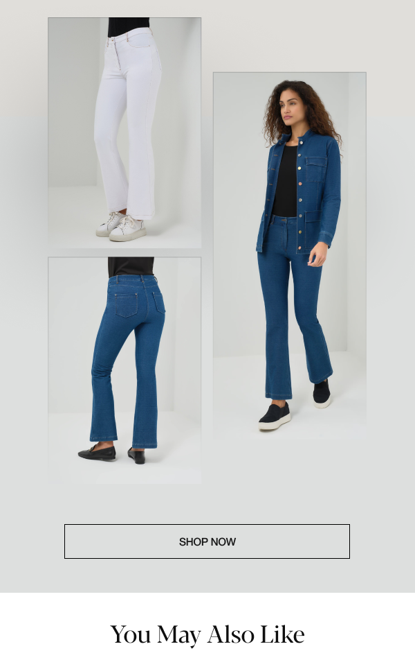 In blue denim and white denim. Shop Now