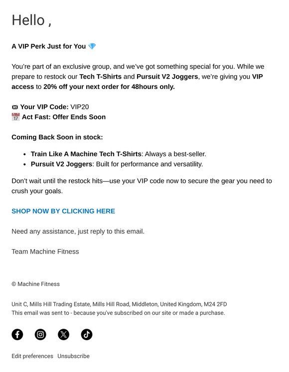 Your VIP Code: 20% Off + Restocks Coming Soon 💥