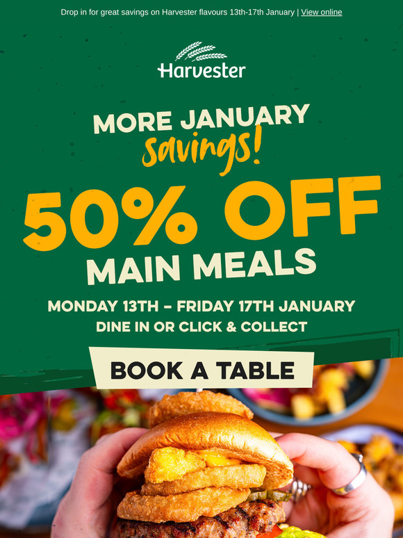 Save again this week - 50% off main meals 😋