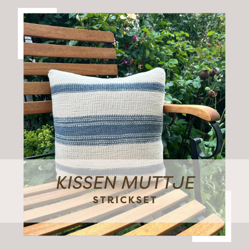 gestricktes Kissen aus myboshi Wolle No.2 in beige und Denim Wolle in blau