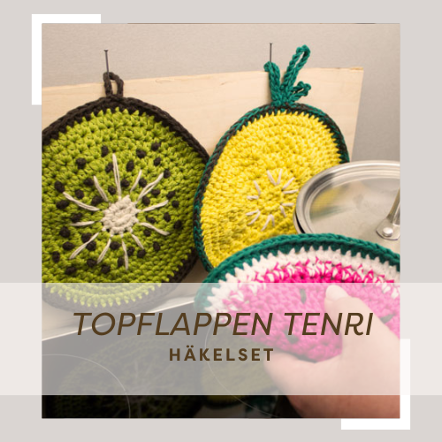 gehäkelte Topflappen in Motiven von Früchten aus myboshi Wolle No 2 in bunten Farben