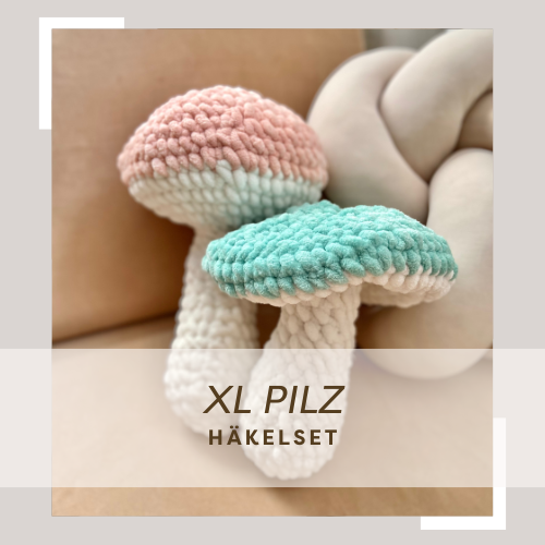 gehäkelte XL Pilze aus myboshi Wolle Samt, beige rosa blau