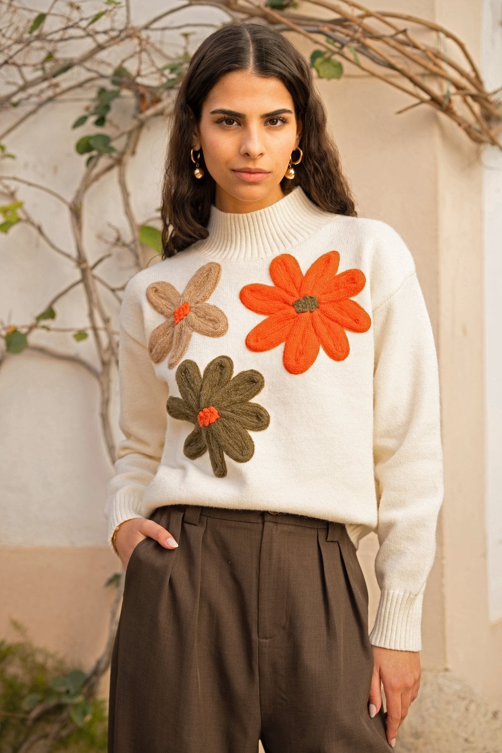 Image of Yumi Ivory Knitted High Neck Jumper With Applique Flowers