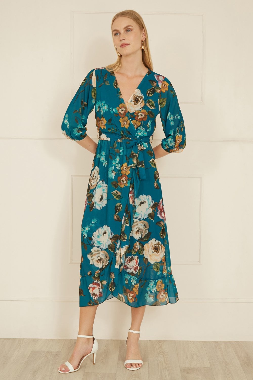 Image of Yumi Teal Watercolour Dip Hem Midi Wrap Dress