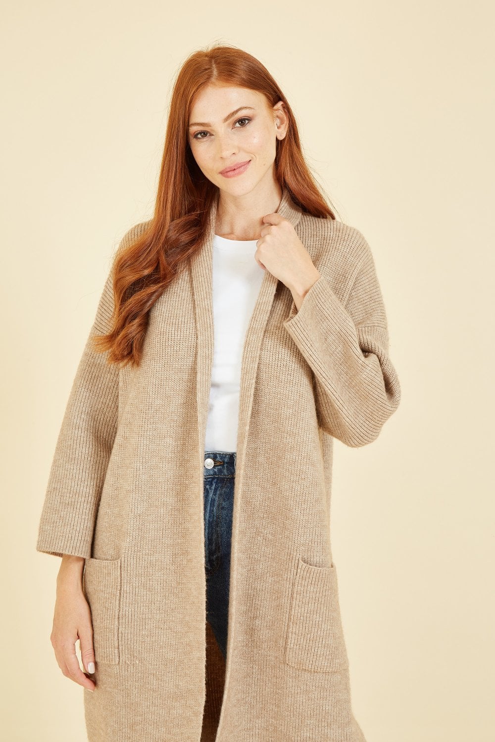 Image of Yumi Oatmeal Knitted Maxi Cardigan With Pockets