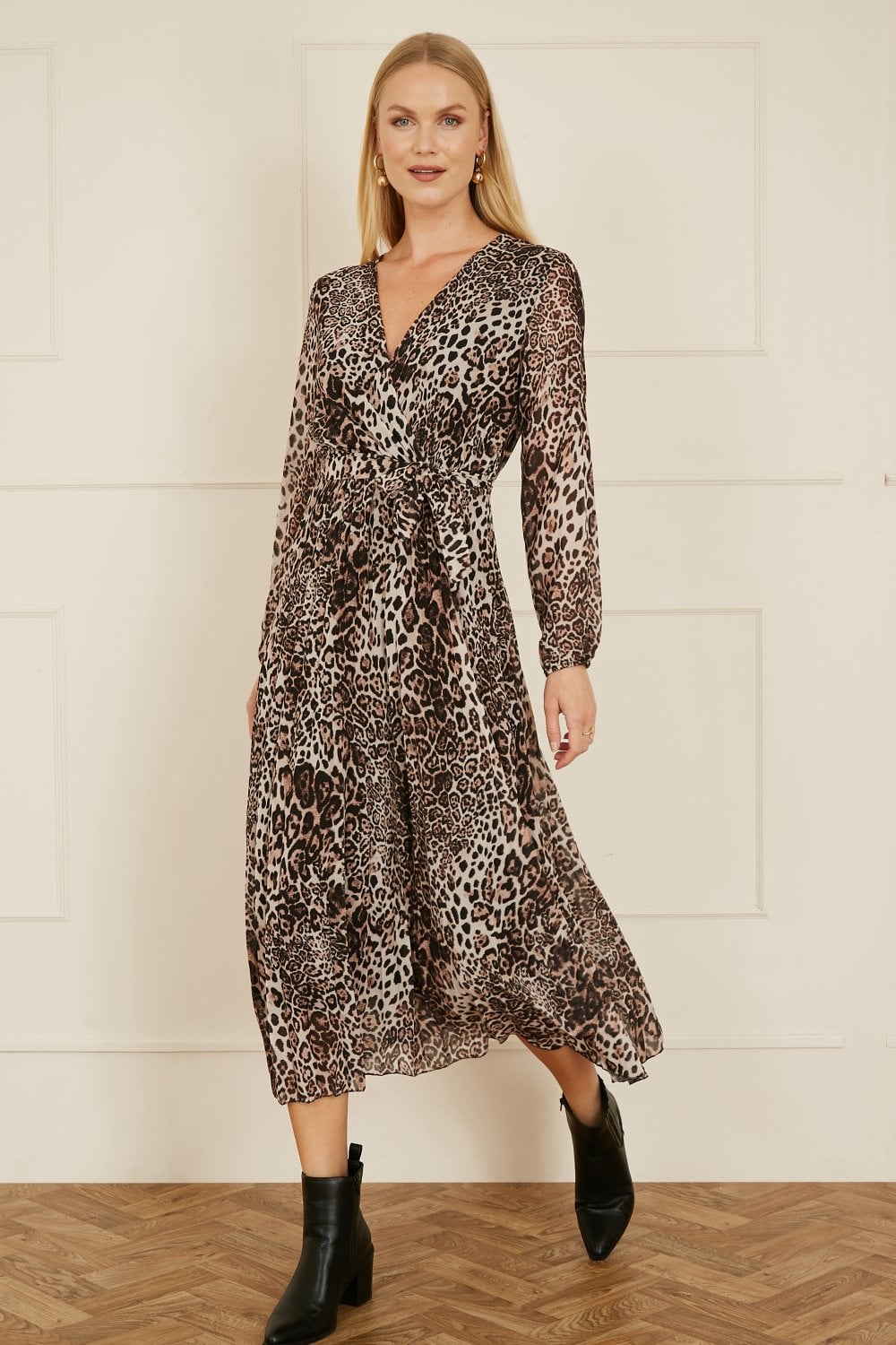 Image of Yumi Brown Leopard Print Pleated Long Sleeve Wrap Midi Dress