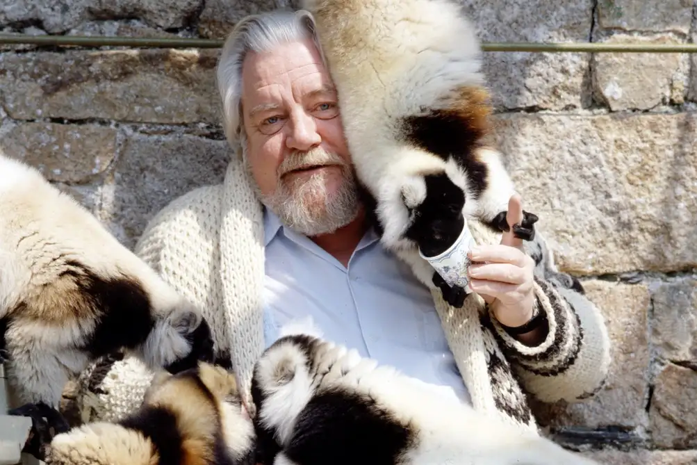 Gerald Durrell covered in lemurs. Image links to the article.