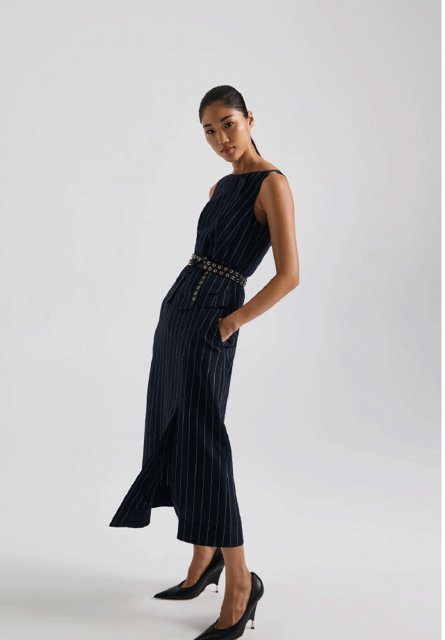 Pinstripe Belted Column Skirt