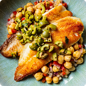 Seared Tilapia with Olive Vinaigrette and Warm Chickpea Salad