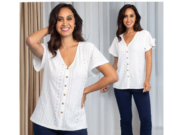 Stretch Eyelet T-Shirt with Button Detail