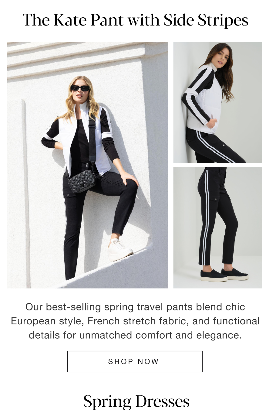 The Kate Pant with Side Stripes: Our best-selling spring travel pants blend chic European style, French stretch fabric, and functional details for unmatched comfort and elegance. Shop now.