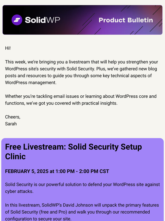🗞️ SolidWP Product Bulletin: Livestream on Solid Security & New Blog Guides