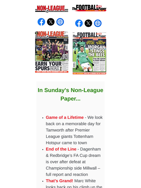 IN SUNDAY'S PAPERS > NLP: Tamworth vs Spurs recap / Marc White on 1,000 games in charge of Dorking // FLP: Matt Bloomfield on Wycombe exit / Looking ahead to Leeds vs Sheffield Wednesday