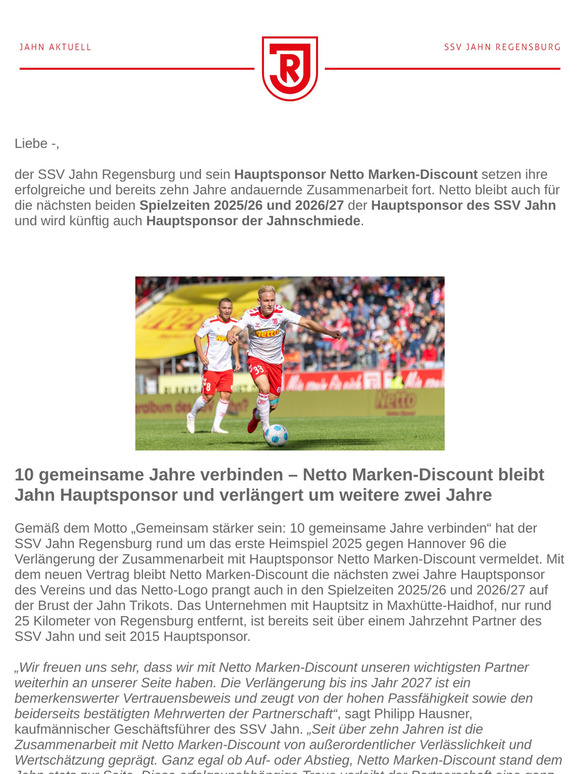10 gemeinsame Jahre verbinden – Netto Marken-Discount bleibt Jahn Hauptsponsor und verlängert um weitere zwei Jahre