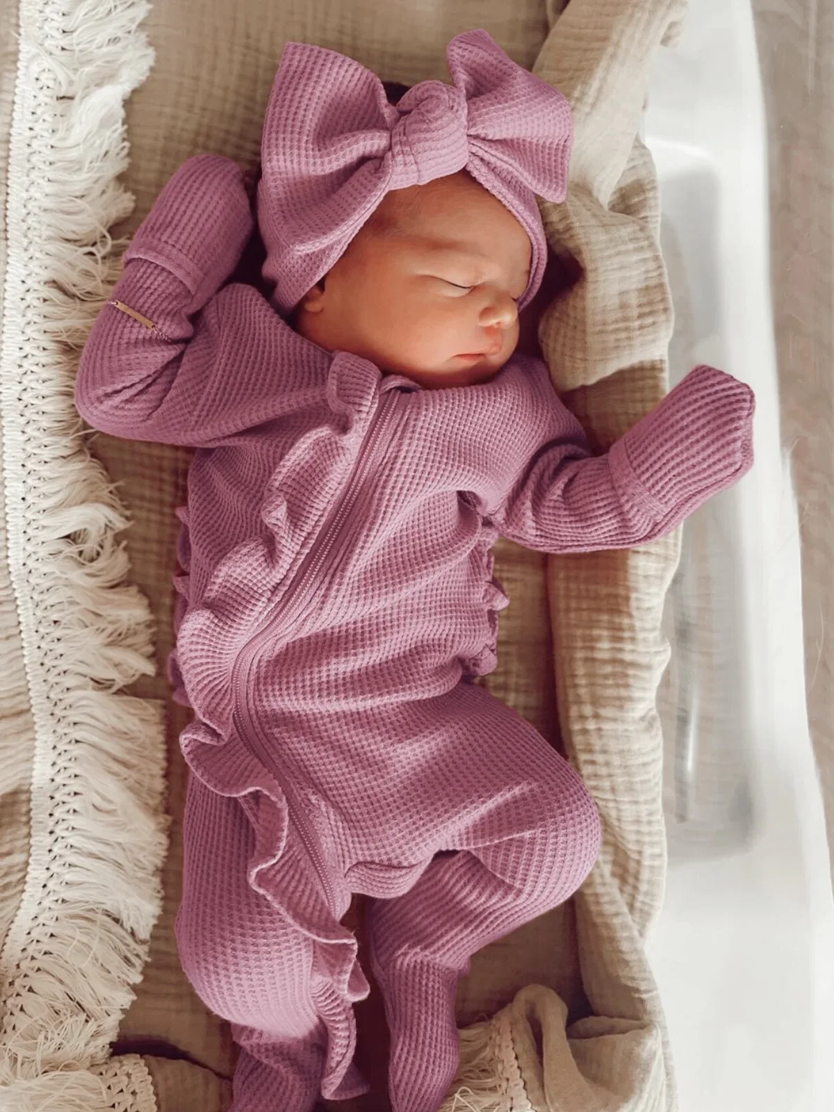 Image of Organic Waffle Ruffle Zip Footie, Lavender