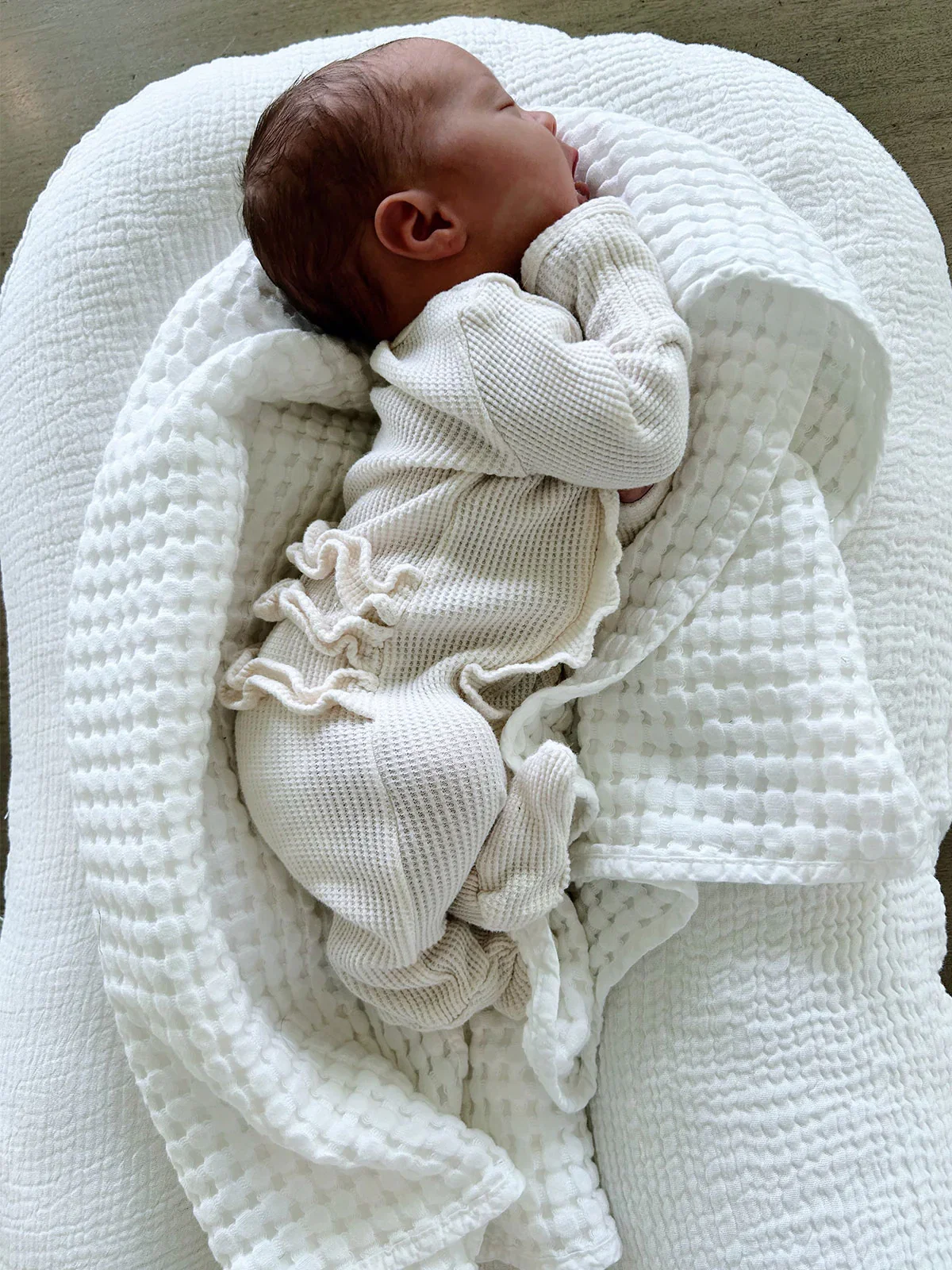 Image of Organic Waffle 2-Way Zip Ruffle Footie, Snow