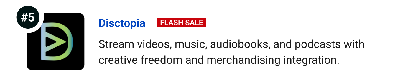 Disctopia (Flash Sale): Stream videos, music, audiobooks, and podcasts with creative freedom and merchandising integration.