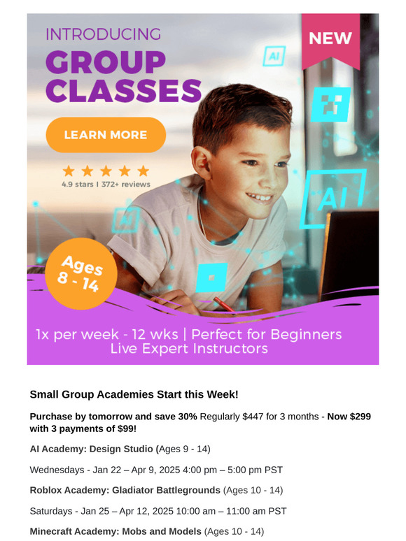 AI, Roblox, and Minecraft Group Academies launch this week! 🚀 Don't miss it!