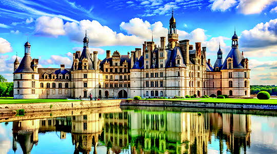 Chateau de Chambord se refletant dans l'etang devant le chateau