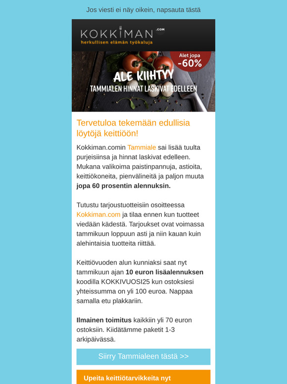 Keittiötarvikkeiden Tammiale kiihtyy. Alet nyt jopa -60%