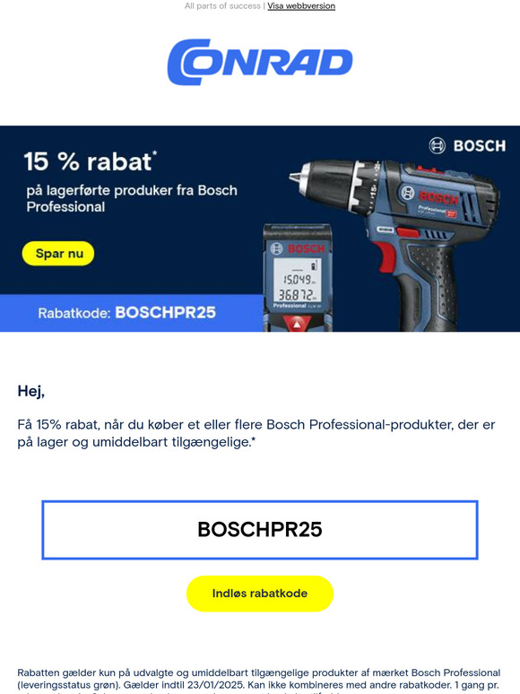 15 % rabat på udvalgte og umiddelbart tilgængelige Bosch Professional-produkter