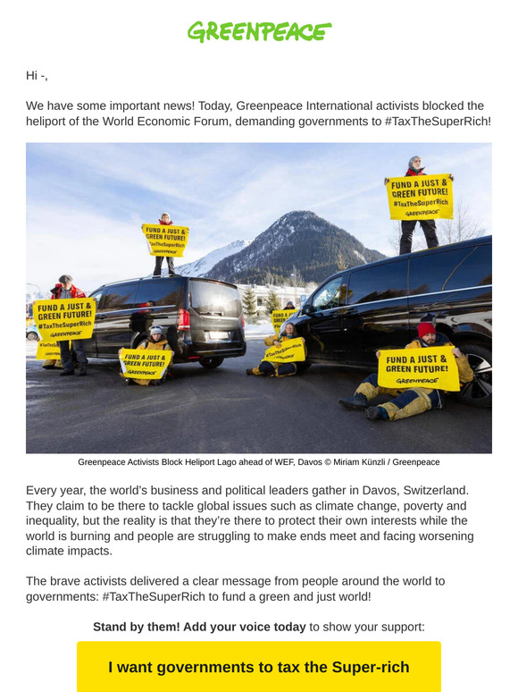 BREAKING NEWS: Greenpeace activist block WEF’s heliport demanding governments to #TaxTheSuperRich