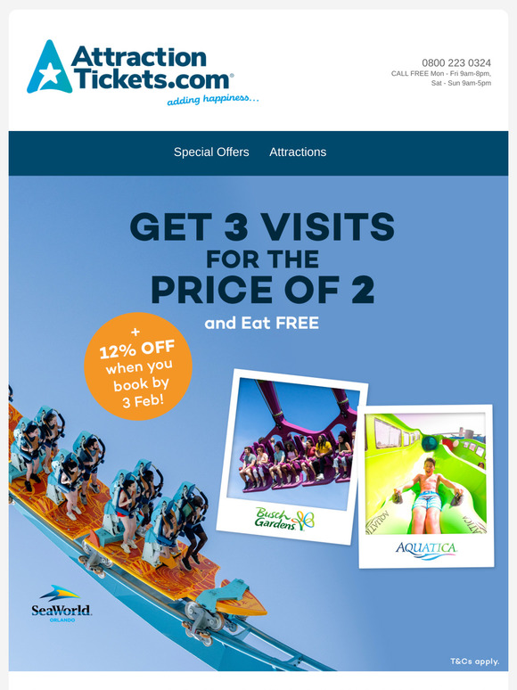 Get 3 Visits for the Price of 2 AND Eat Free at SeaWorld Parks!