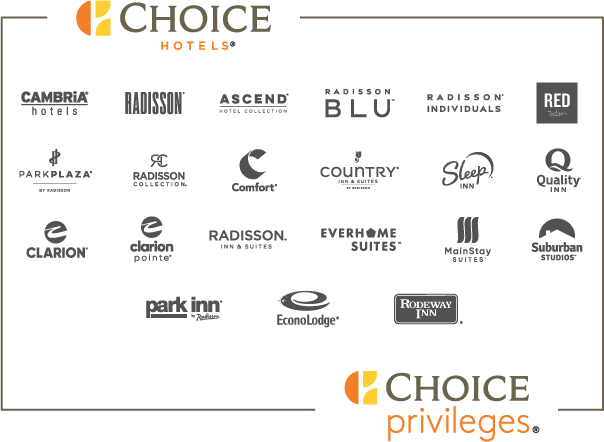 Choice Hotels and Radisson Brand Logos - | CAMBRIA HOTELS | RADISSON BLU | RADISSON | RADISSON RED | ASCEND HOTEL COLLECTION | RADISSON COLLECTION | RADISSION INDIVIDUALS | PARK PLAZA - BY RADISSON | COMFORT | COUNTRY INN & SUITES - BY RADISSON | QUALITY INN | SLEEP INN | CLARION | CLARION POINTE | PARK INN - BY RADISSON | RADISSION INN & SUITES | EVERHOME SUITES | MAINSTAY SUITES | SUBURBAN STUDIOS | ECONOLODGE | RODEWAY INN |