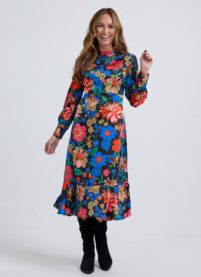 Sophie Tiered Hem Floral Print Midi Dress In Multi