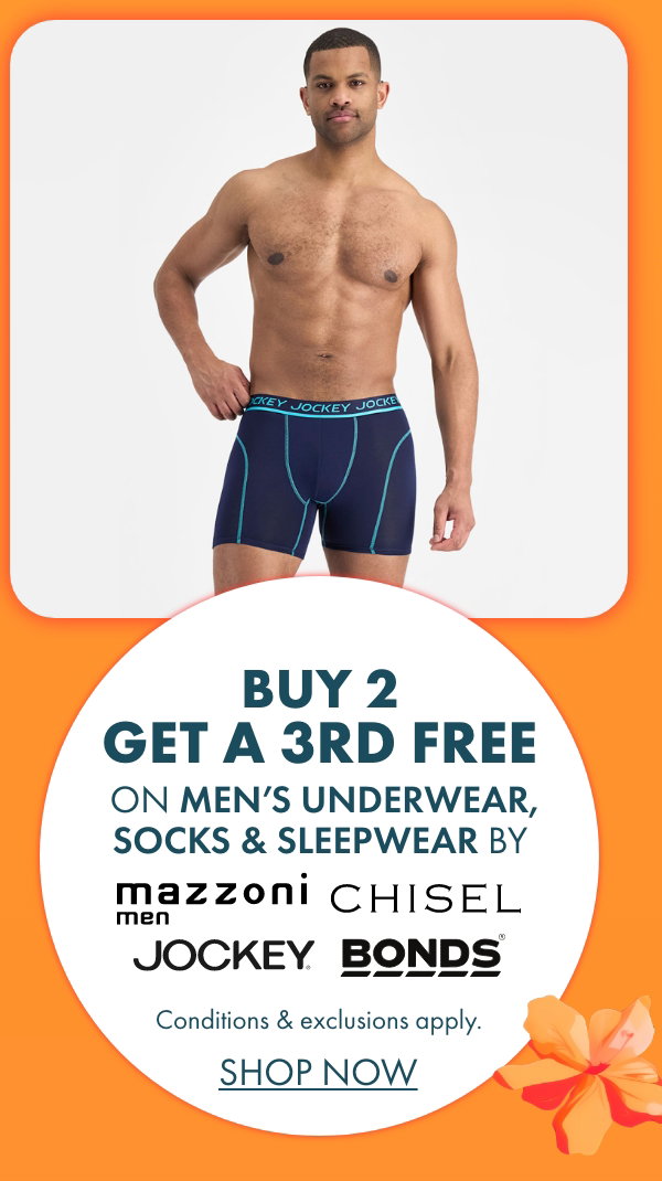 Buy 2 get a 3rd free on Men's Underwear, Socks & Sleepwear by Mazzoni, Chisel, Jockey & Bonds
