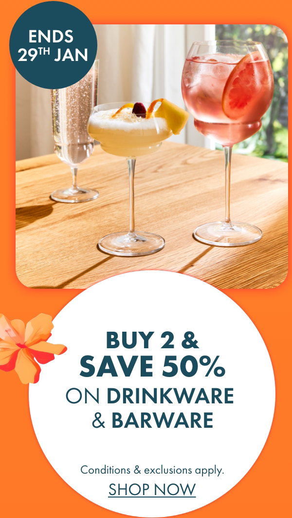 Buy 2 save 50% on Drinkware & Barware