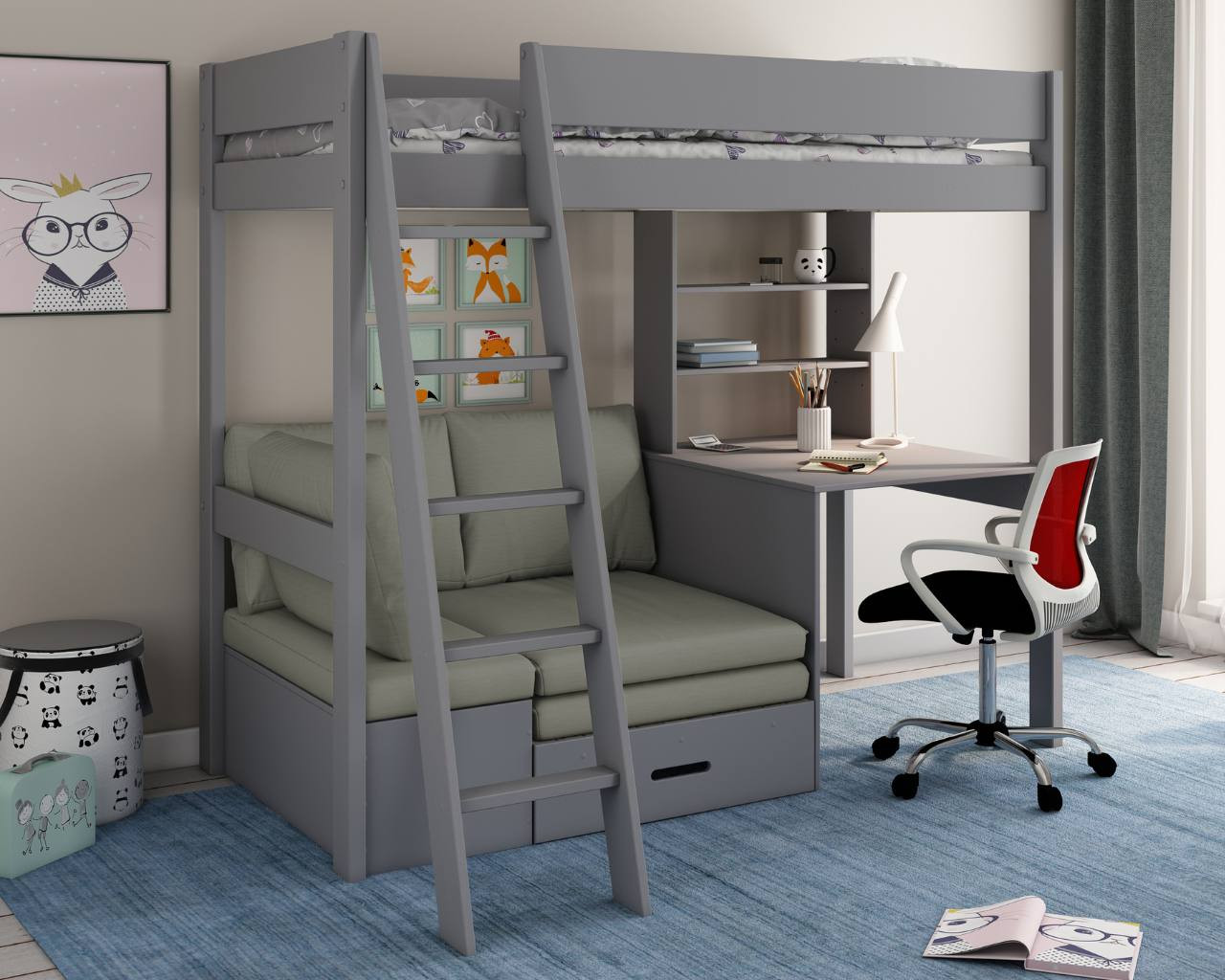 Image of Estella Grey High Sleeper with Desk and Corner Sofabed