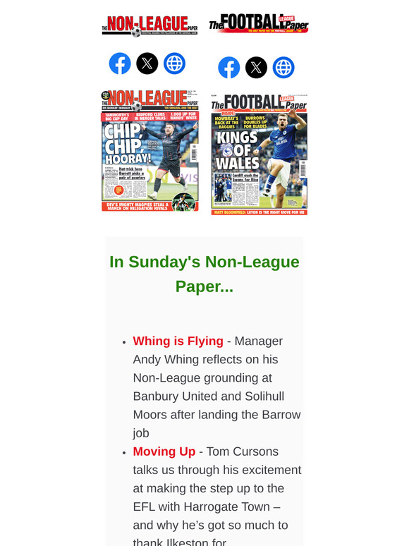 IN SUNDAY'S PAPERS > NLP: Isuzu FA Vase preview / Andy Whing interview after landing the Barrow job // FLP: Chris Dunlavy on Tony Mowbray / Simon Grayson on Daniel Farke sticking with Illan Meslier