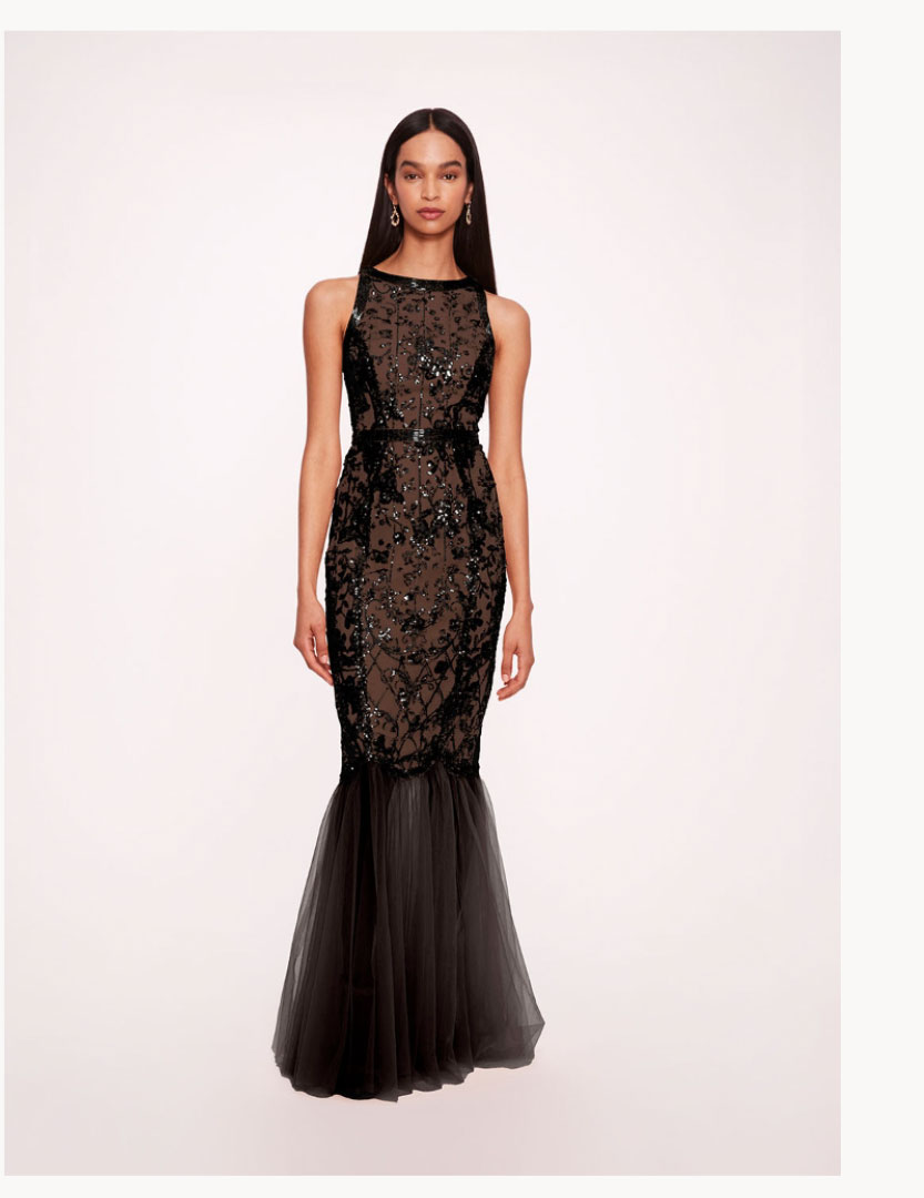Sequin Lattice Strapless Gown
