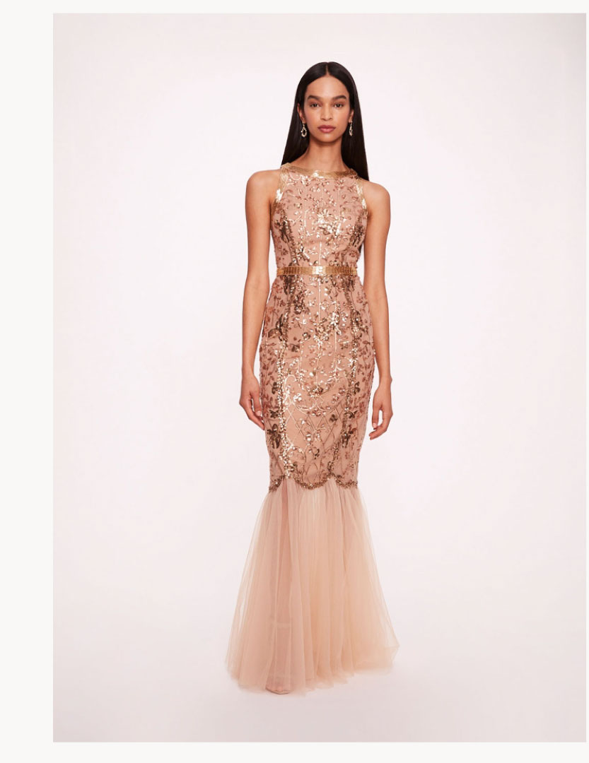 Sequin Lattice Strapless Gown