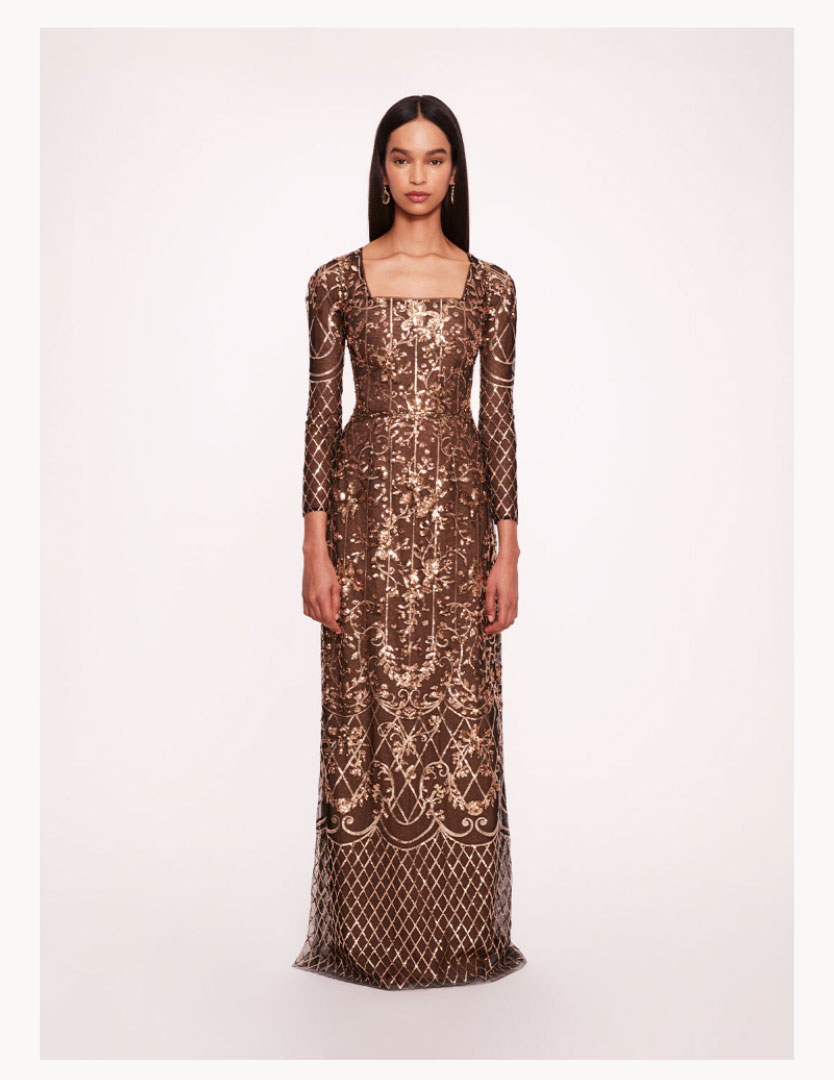 Sequin Lattice Sleeved Gown
