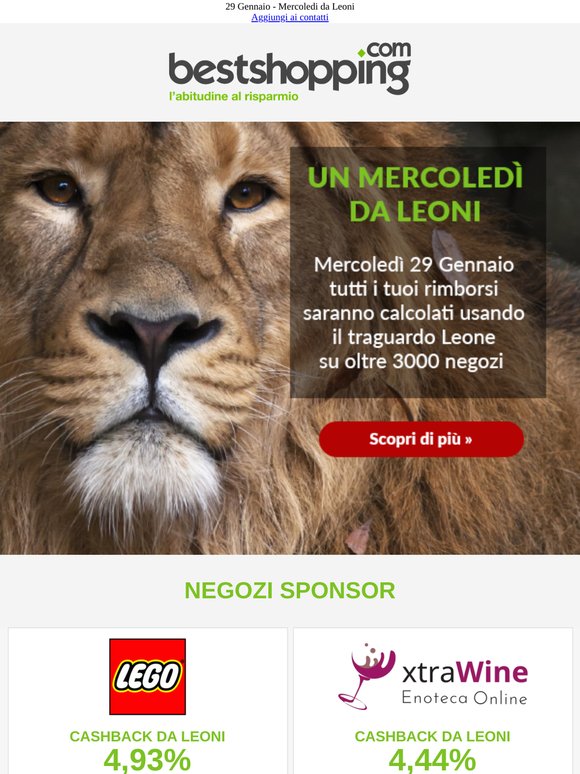 Manca poco al Mercoledì da Leoni - Il 29 Gennaio ricevi il massimo cashback sui nostri negozi
