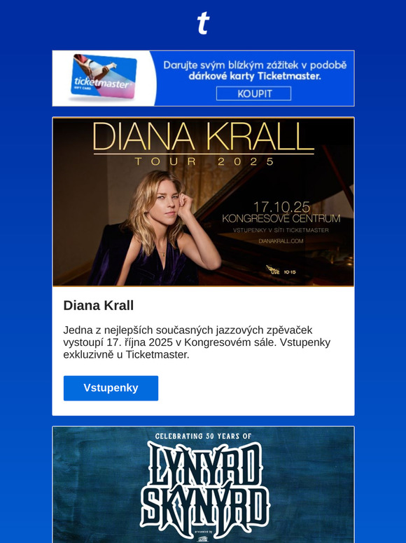 Diana Krall | Lynyrd Skynyrd | Sebastian | Eva Burešová | a další akce na Ticketmaster
